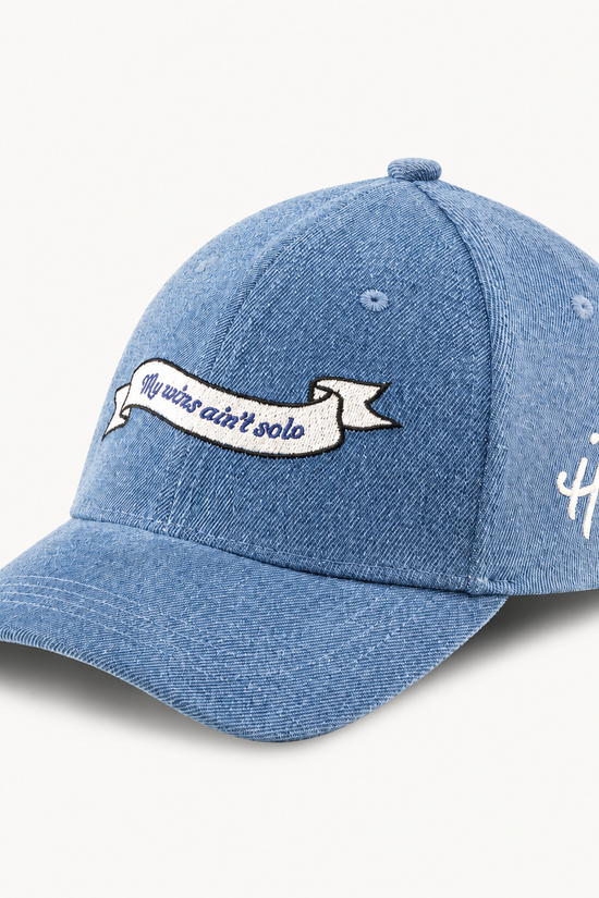 "Grateful for every hand that helped" denim cap