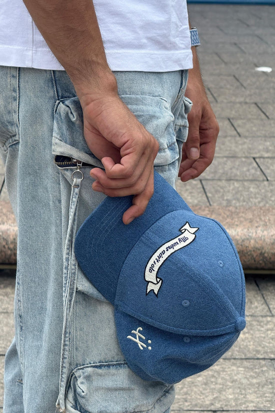 "Grateful for every hand that helped" denim cap