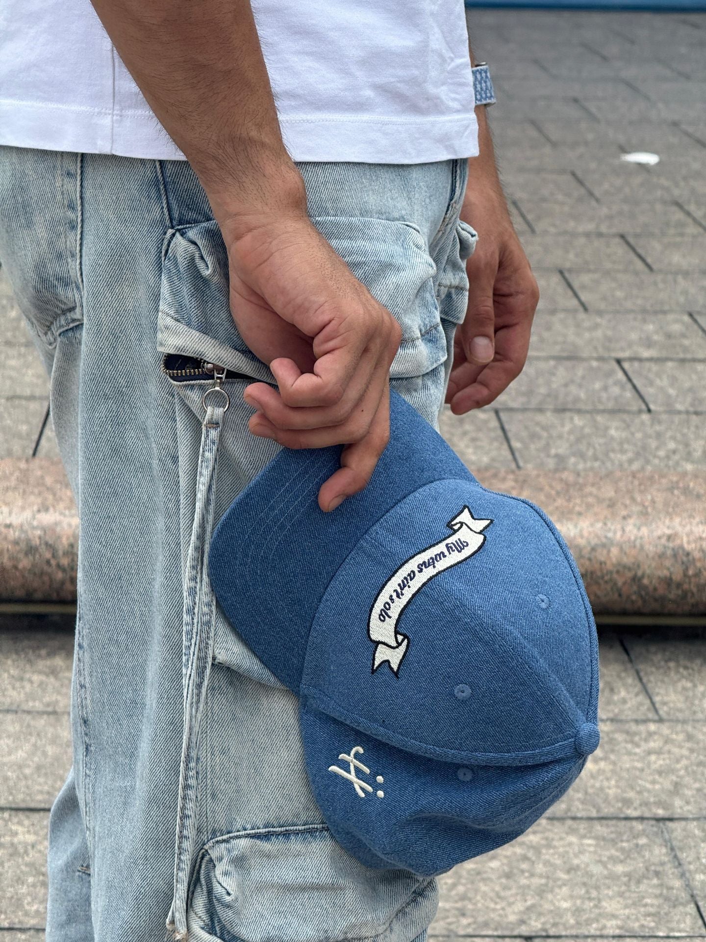 "Grateful for every hand that helped" denim cap